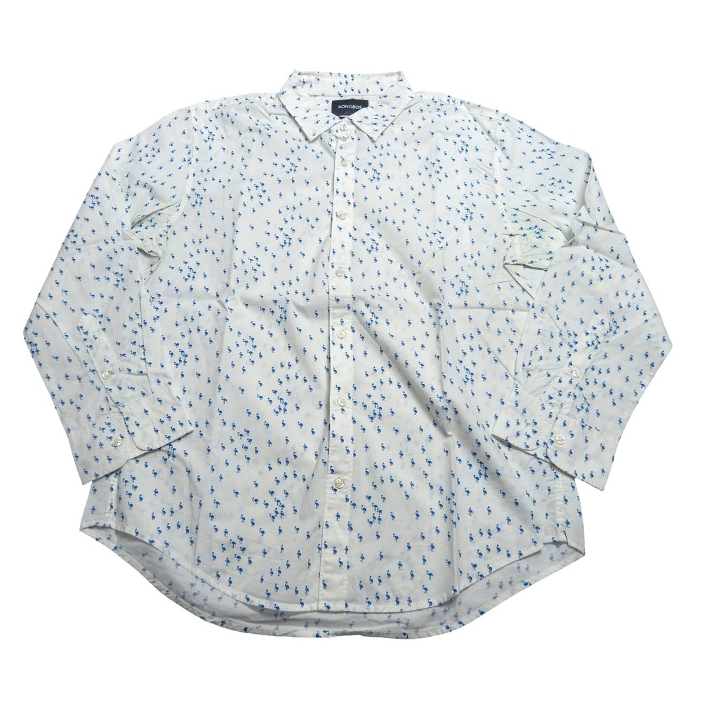 BONOBOS Slim Fit Mens White Blue Flamingo Print Button Down Shirt Size L